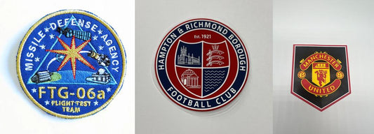 A side-by-side comparison of a TPU badge, a silicone patch, and a traditional embroidered logo for apparel branding.
